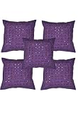 Handmade Cushion Cover Heavy Mirror, Lace & Jogi Embroidery Indian Home Furnishing Cotton Cushion Cover Set Size 16 X 16 Inches Set of 5 Pcs