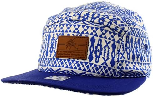 Men's Summer Cotton Cool Aztec 5 Panel Snapback Cadet Cap Hat Leather Strap Blue