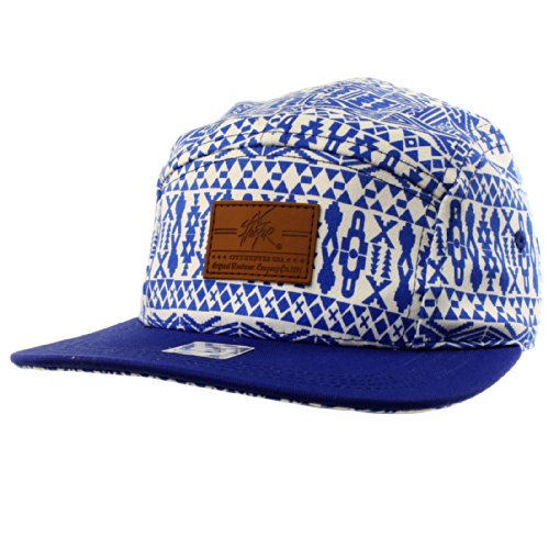 Men's Summer Cotton Cool Aztec 5 Panel Snapback Cadet Cap Hat Leather Strap Blue