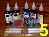 Non-OEM, 5 Refillable Ink Cartridges (2 Blacks) with Auto Reset chips for Epson inkjet printer WORKFORCE 30 1100 69, comes with 5 X 100ml Anti-UV dye ink bottles, 4 syringes.