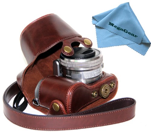 MegaGear "Ever Ready" Protective Dark Brown Leather Camera Case , Bag for Sony NEX-5T 16-50mm Lens