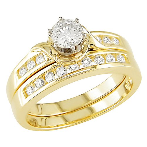 14K Yellow Gold 3/4 Carat Round Cut Diamond Bridal Ring Set