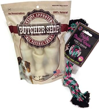 Dog Toy Triple Rope &amp; Rawhide Bones-bundle - Two Items: 1: Rawhide Bones 6"-57" 4 Pack - USA Hide! 2: Triple Strand Rope Toy