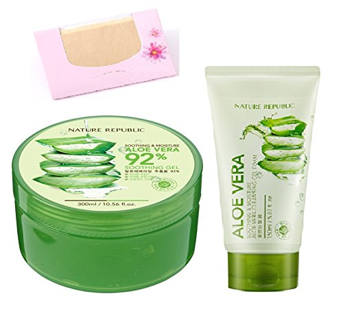 BUNDLE - Nature Republic New Soothing Moisture Aloe Vera GEL 92% 300ml + Nature Republic New Soothing & Moisture Aloe Vera Foam Cleanser 150ml + SoltreeBundle Natural Hemp Paper 50pcs