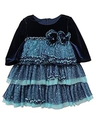 Girls Velvet Long Sleeves  Sequined Ruched Tiered Empire   Waistline  Dress With Ruffles