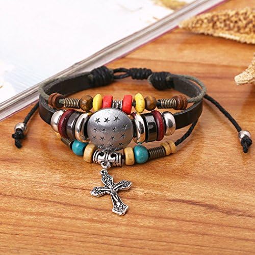 Carat Lovers Multi-strand Shell Shape Crucifix Pendant Adjustable Leather Wrap Bracelet