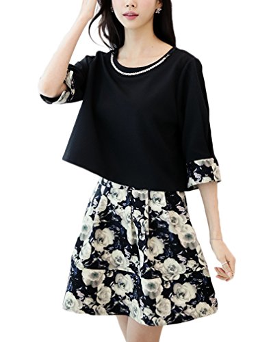 (ディーコッテ)D'Kotte 花柄 切り替え ワンピース スカート 膝丈 ひざ 丈 半袖 五分袖 ワンピ 春 夏 レディース aライン フレア neax170