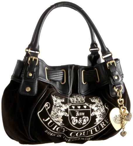 Juicy Couture Ongoing Velour Crest Freestyle Satchel,Black/Black,one size