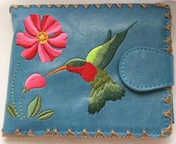 Hummingbird and Flowers Embroidery Wallet Blue Medium