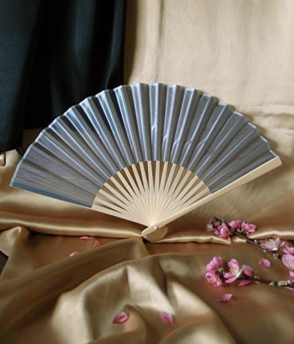9" Silver Chinese Folding Silk Hand Fan for Weddings