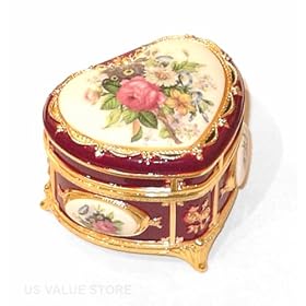Jewelry Box, Heart Shape Victorian Floral Musical Box-Wine Red by SMB