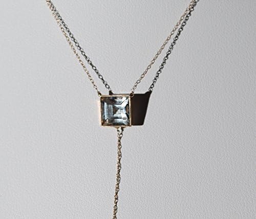 Topaz choker necklace with natural square gem in 14K solid gold with a long drop ending with a thin gold baton