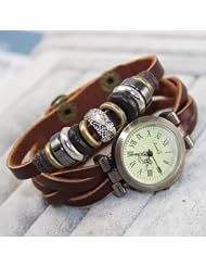 JOINNEW@ 2013 Luxury Fashion Vintage Retro Eleven Beads Leather Wrist Wrap Around Weave Quartz Watch Bracelet WristWatch Woman Wristband Gift Designer Brown