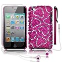 APPLE IPOD TOUCH 4TH GEN LOVE HEARTS DIAMANTE CASE / COVER / SHELL - WHITE/PINK, W/SCREEN PROTECTOR, STYLUS & HEADSET PART OF THE QUBITS ACCESSORIES RANGE