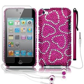 APPLE IPOD TOUCH 4TH GEN LOVE HEARTS DIAMANTE CASE / COVER / SHELL - WHITE/PINK, W/SCREEN PROTECTOR, STYLUS & HEADSET PART OF THE QUBITS ACCESSORIES RANGE