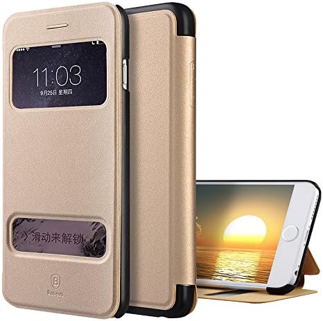 iPhone 6 Plus Case 5.5'' Premium Folio Flip Cover [Double Open Window] Design Smart Star Visible Window Ultra Slim with [Stand] Function for Iphone 6 Plus 5.5 Inch (MM549) (Gold)