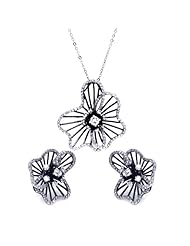 Nickel Free Sterling Silver Pendant & Earring Sets Black Rhodium CZ Flower Set