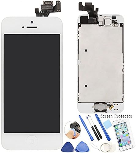 ReplaceDIY Apple iPhone 5 LCD Display and Touch Screen Digitizer Full Assembly Replacement with Home Button Front Facing Camera Proximity Sensor Ear Speaker Frame Screen Protector Repair Kits,White