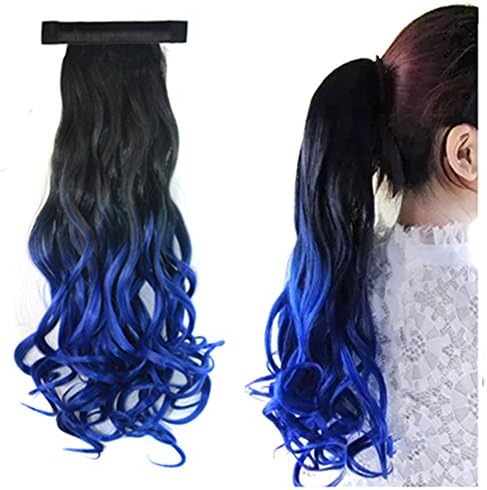 Stepupgirl 19 Inch 1 Piece Curly Curl Omber Color Clap Circle Ponytail (Black to Dark Blue)
