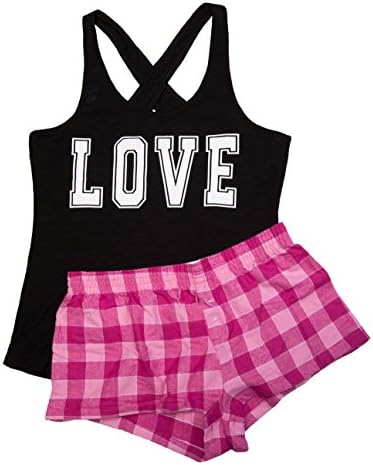 Zenana Boxercraft Juniors Tank and Flannel Shorts Set (Medium, Black/Pink Plaid)