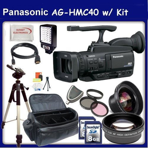 Panasonic Professional AG-HMC40 /HMC45 AVCHD Camcorder with 10.6MP Still and 12x Optical Zoom w/ SSE Premium Movie Makers Kit. Includes: Professional LED Video Light, HDMI Cable, Full Size Fluid Head Tripod, 0.45x High Definition Wide Angle Lens, 2X Telephoto HD Lens, 3 Piece Pro Filter Kit, 2x 8GB SDHC Memory Cards, Card Reader, Starters Kit & Professional Carrying Case