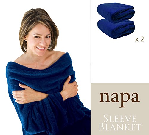 Napa Cozy Warm Microplush Fleece Oversized Sleeved Blanket with Front Pockets Adult Sofa Throw Robe, Cobalt Blue - 2 Packs