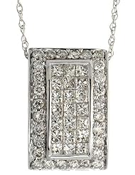 14k White Gold 18" Chain & 5/8" (16mm) tall Rectangular Diamond Pendant Slide, w/ 1.10 Carats Brilliant Cut & Invisible Set Diamonds