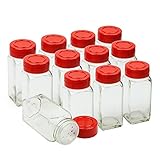 ChefLand 12-pack Glass Spice Jars with Shaker Top and Red Cap - Classic Square Bottles Design for Storing and Dispensing Spices - Height: 4.1" Base Width: 1.56"