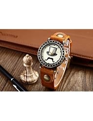 Youyoupifa Ladies Round Face Lovely Magic Alloy Brown Leather Strap Quartz Movement Wrist Watch