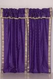 Pair Purple sari curtains with attached beaded valance