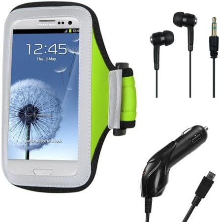 Premium Durable Workout Running Adjustable Neoprene Comfortable lightweight Armband with In-Ear Headphone MP3 Earbuds and Travel Car Charger (microUSB) Fits HTC One M7 / Google Nexus 4 / Samsung Galaxy Note 2 / Samsung Galaxy S4 / Samsung Galaxy S3 / Nokia Lumia 810, 822, 900, 920 / Motorola Droid RAZR M, RAZR HD, RAZR MAXX HD (Green)
