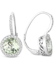 Natural 2.4ct Round-Shape Green Amethyst Gemstone & Diamond Earring Set In 14K White-Gold Lever-Back