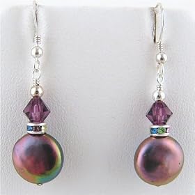 Freshwater Coin Pearl and Swarovski Crystal Sterling Silver Earrings e012