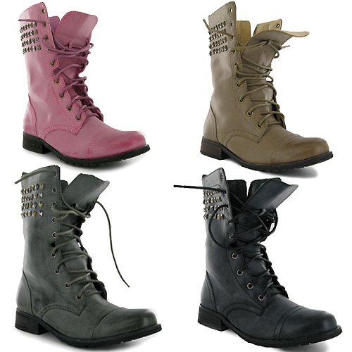 Womens Studded Military Ladies Combat Boots Sizes 3-8