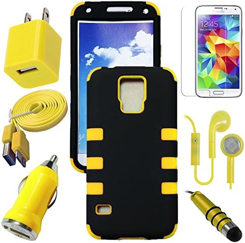 Celkits 7 Item Bundle for Samsung Galaxy S5 / SV Yellow Tripple Hybrid Protective Case Cover, USB Car Charger Plug, USB Home Charger Plug, USB 2.0 Data Cable, Metallic Stylus Pen, Stereo Headset & Screen Protector Kit.