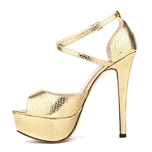 ZriEy Women Sandals 14CM / 5.5 inches High-heeled Peep Toe Platform High Heel Party Sandals Wedding Working shoes Crocodile Gold Size 5M