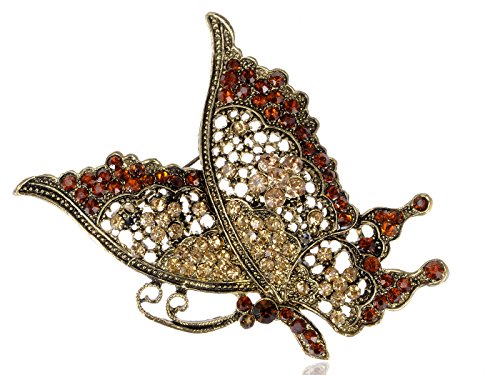 Regal Queen Brown Yellow Synthetic Topaz Crystal Butterfly Side Flying Profile Pin Brooch