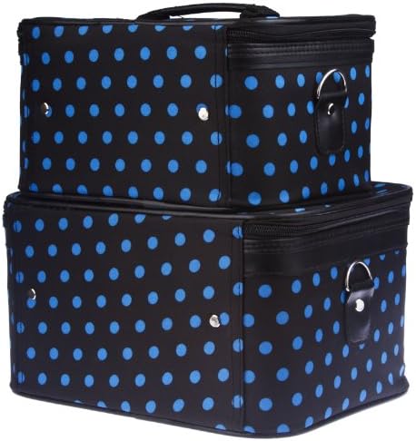 Travel Train Case - Cosmetic - Toiletry - 2 Pc. Set, Black with Blue Polka Dots