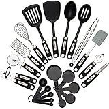 22-piece Kitchen Utensils Sets - Home Cooking Tools- Stainless Steel & Nylon Gadgets- Turners, Tongs, Spatulas, Pizza Cutter, Whisk, Bottle Opener, Grater, Peeler, Can Opener, Measuring Cups & Spoons