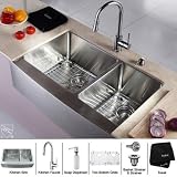 Kraus KHF203-33-KPF1622-KSD30CH 33 inch Farmhouse Double Bowl Stainless Steel Kitchen Sink with Chrome Kitchen Faucet and Soap Dispenser