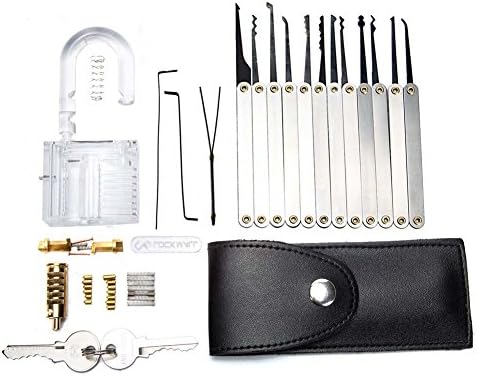 AONAN Practice Lock Set, Crystal Transparent Professional Visible Cutaway Inside View Padlocks with 2 keys, 15 pcs Various Picks Crochet Hook, Wrenches, Leather Pouch for Locksmith Training
