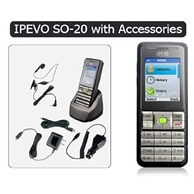 IPEVO S0-20 Wi-Fi Phone for Skype with Accessories, Includes Charging Cradle, Handsfree Earphone with Mic and On/off Button, Wall Charger, Car Charger and USB Charger