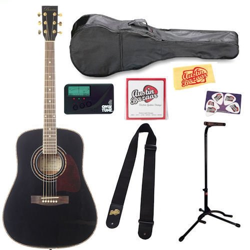 Barcelona D200 Full-Size Dreadnought Acoustic Guitar Bundle with Tuner, Stand, Gig Bag, Strap, Strings, Pick Card, and Polishing Cloth - Black