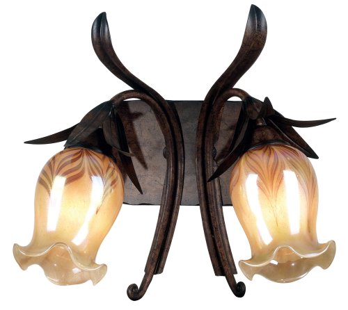 Kenroy Home 90792AT Blossom Two-Light Vanity, Aruba Teak with Amber Iridescent Globes