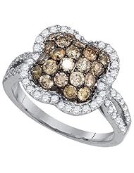 1.60 Carat (ctw) 10K White Gold Round Cut White & Cognac Diamond Ladies Split Shank Cluster Flower Right Hand Fashion Ring