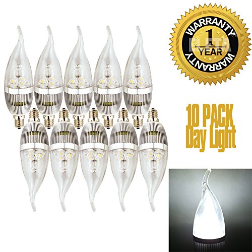 ELETA 10 Pack E12 LED Candelabra / Chandelier Bulbs, Daylight 6000 Kelvin, 3W Equivalent to 25W, 250 Lumens, Non-Dimmable, Silver Color Shell, Flame Shape