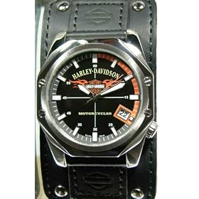 Harley-Davidson® Bulova® Men's Watch. Black dial, Luminous. Black leather cuff strap. WR50m/165ft. 76B146