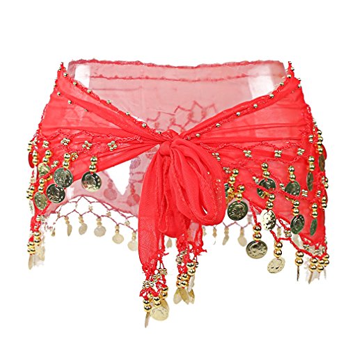 Chiffon Hot Belly Dancing Skirt Belt with 3 Row 98 Gold Coins Dance Hip Scarf Wrap