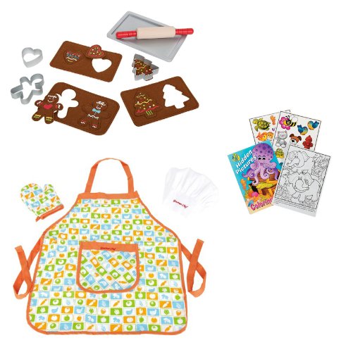Hape E3114 Gingerbread Baking Set & E3119 Chef's Apron Play Food Sets with Coloring Book