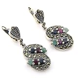 13+g Genuine Ruby Emerald Sapphire Gemstone Marcasite 925 Silver Earring Pair